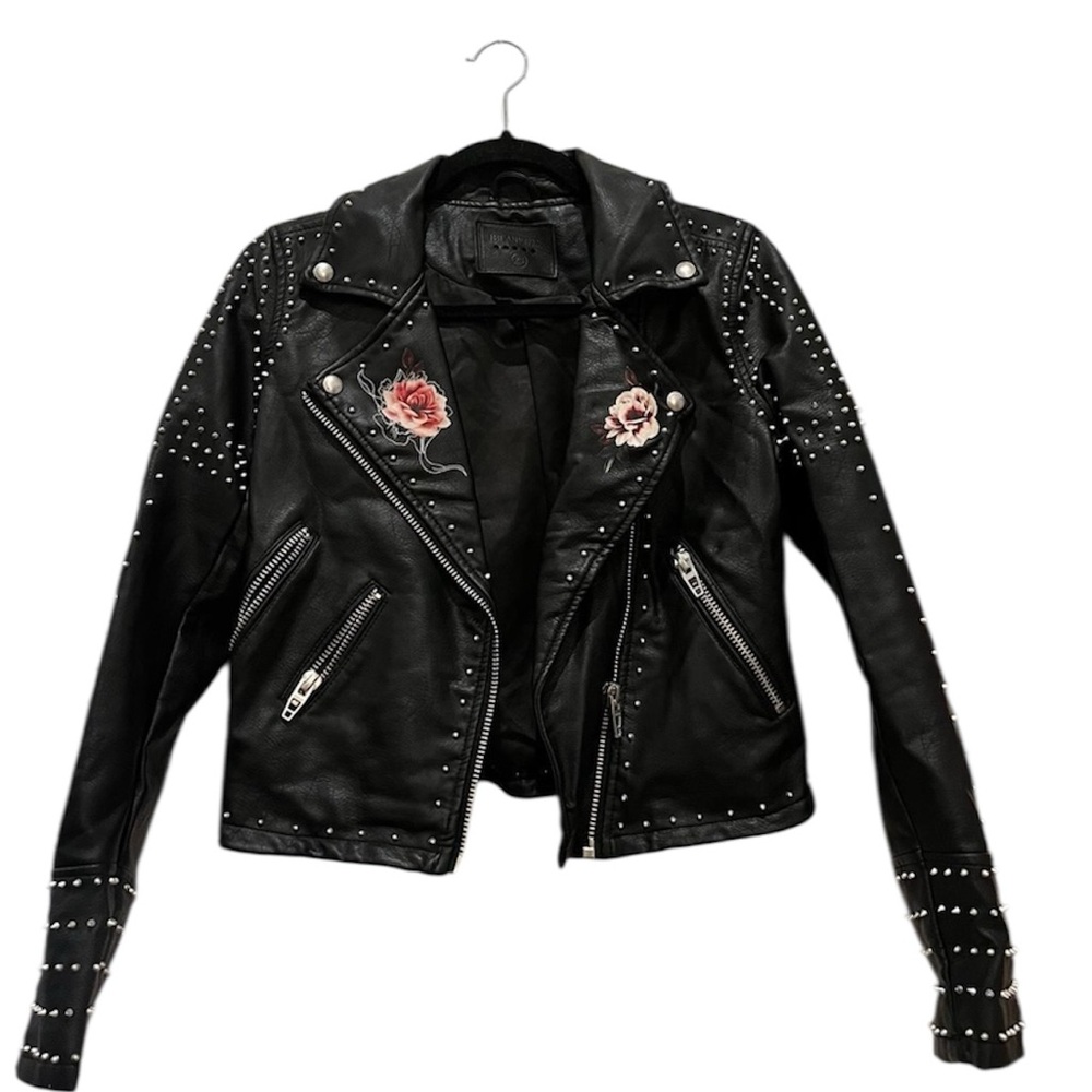 Studded Black Leather Jacket with Floral Embroidery